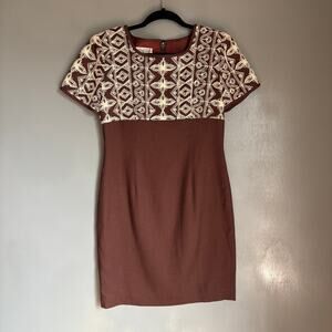 Vintage Yves Cossette DEPECHE MODE Women's 6P Brown Linen Embroidered Mod Dress